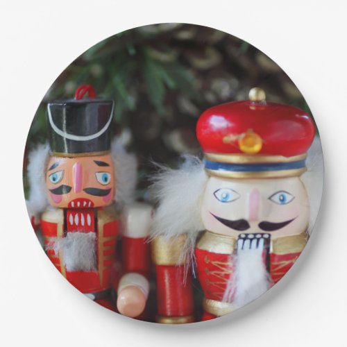 Nutcrackers with holiday background paper plates