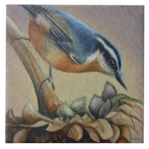 Nuthatch Bird and Sunflower Seeds Watercolor Art Ceramic Tile