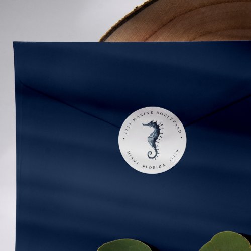 Nutical Blue Seahorse Return address Classic Round Sticker