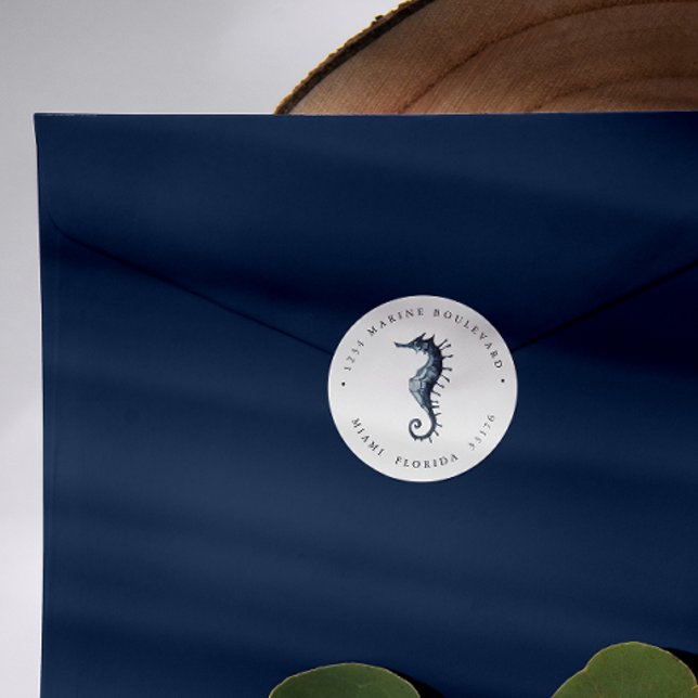 Nutical Blue Seahorse Return address Classic Round Sticker (Creator Uploaded)
