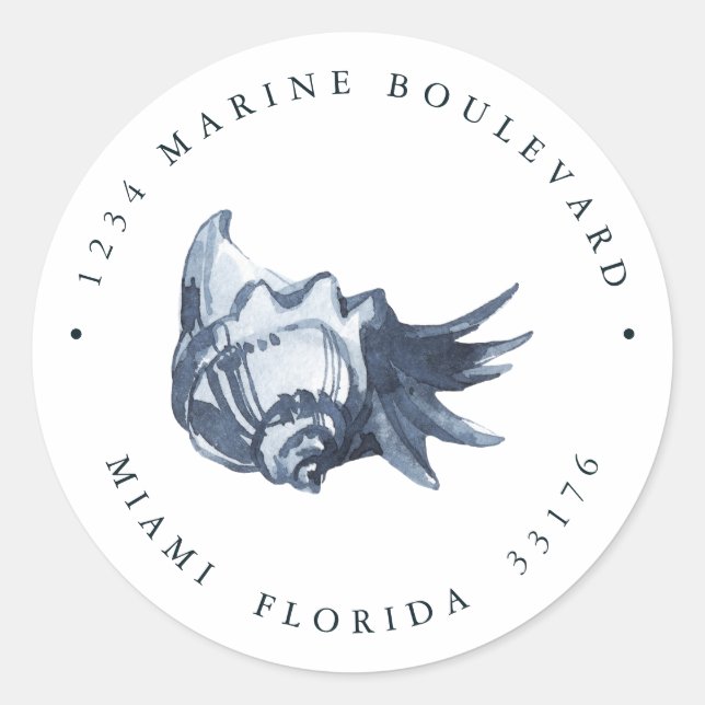 Nutical Blue Seashell Return address Classic Round Sticker (Front)