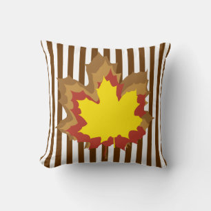 Nutmeg Autumnal Stripes with Leaves Throw Pillow