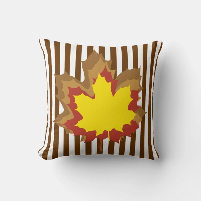 Nutmeg Autumnal Stripes with Leaves Throw Pillow (Front)