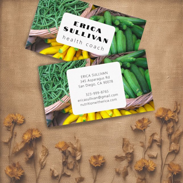 Nutritionist Health Coach Chef Zucchini Veggies  Business Card (Beautiful veggies at farmers market photo business card for nutritionists & chefs, customize it!)