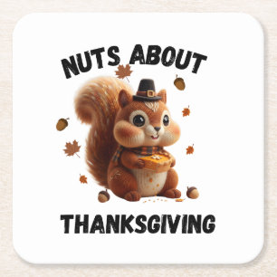 Nuts About Pie – Cute Yarn Squirrel Thanksgiving Square Paper Coaster