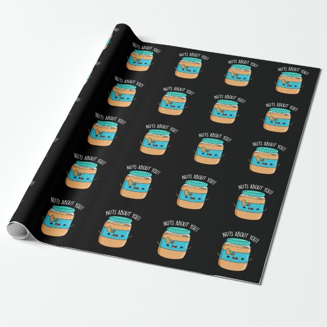 Nuts About You Funny Peanut Butter Pun Dark BG Wrapping Paper (Unrolled)
