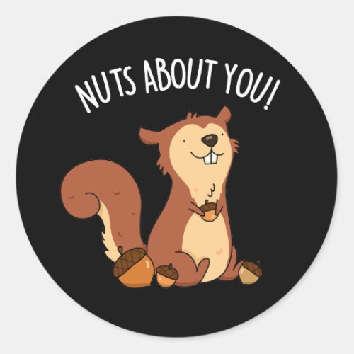 Nuts About You Funny Squirrel Pun Dark BG Classic Round Sticker