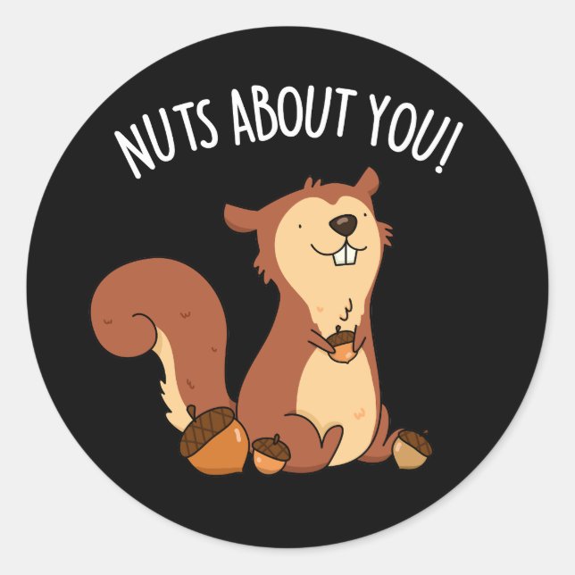 Nuts About You Funny Squirrel Pun Dark BG Classic Round Sticker (Front)