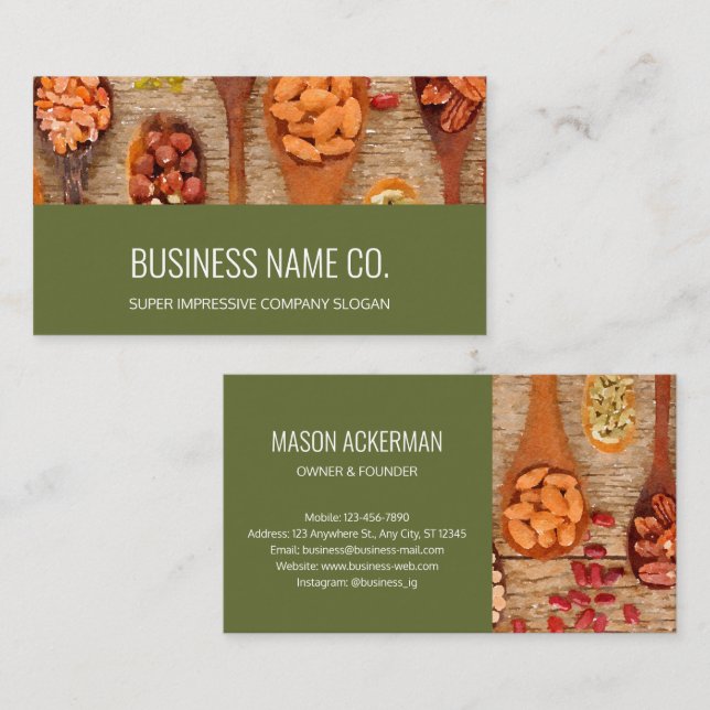Nuts Beans Healthy Food Business Cards / Olive BG (Front/Back)