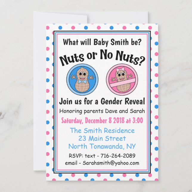 Nuts or No Nuts gender reveal invitation (Front)