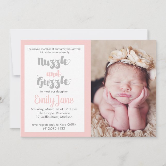 Nuzzle and Guzzle Baby Photo Invitation (Front)