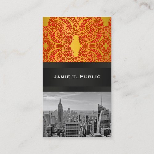 NY City Skyline BW 111 Red Gold Paisley Business Card