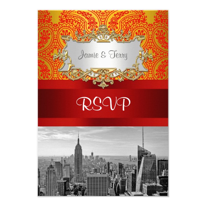 NY City Skyline BW 112 Red Gold Paisley RSVP 1 Personalized Invitation