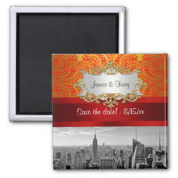NY City Skyline BW 112 Red Gold Paisley Save  Date Magnet