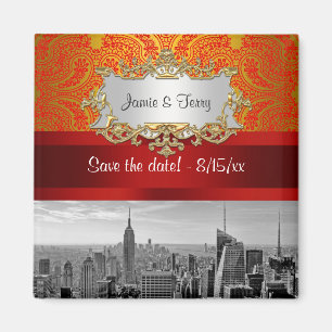 NY City Skyline BW 112 Red Gold Paisley Save Date Magnet