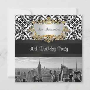 NY City Skyline BW 431 Damask Birthday Party Invitation
