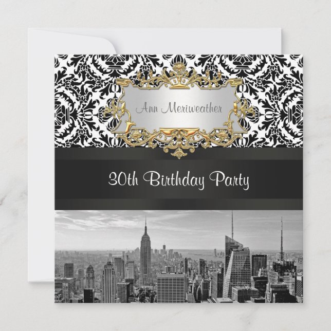 NY City Skyline BW 431 Damask Birthday Party Invitation (Front)
