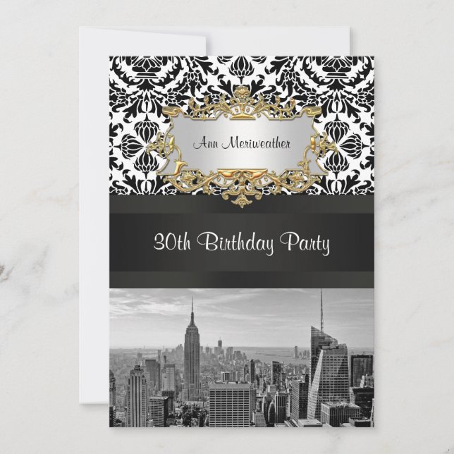 NY City Skyline BW 431 Damask Birthday Party V Invitation (Front)