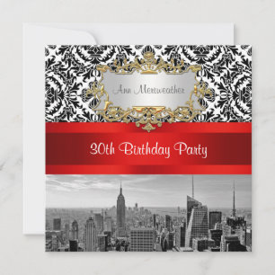 NY City Skyline BW 432 Damask Birthday Party Invitation