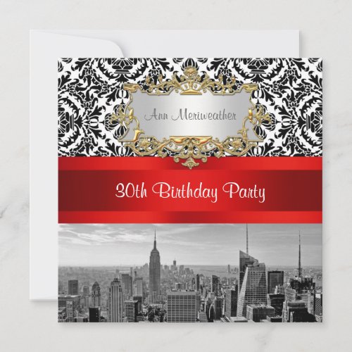 NY City Skyline BW 432 Damask Birthday Party Custom Announcement