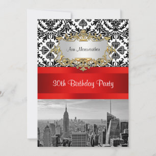 NY City Skyline BW 432 Damask Birthday Party V Invitation