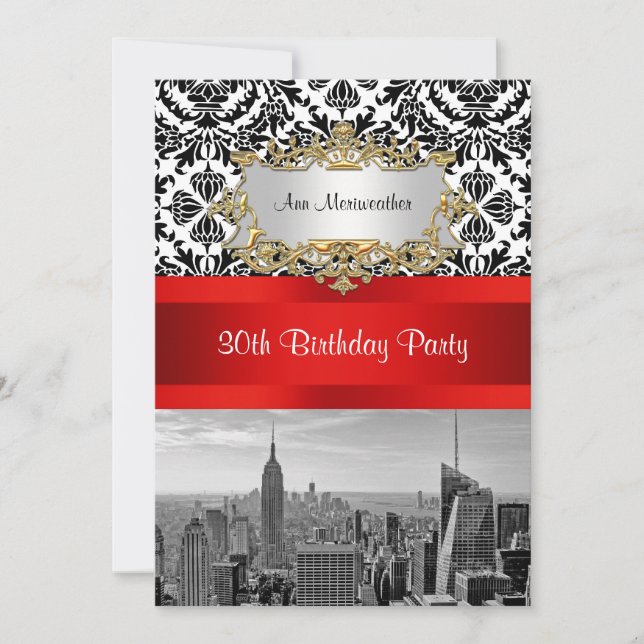 NY City Skyline BW 432 Damask Birthday Party V Invitation (Front)