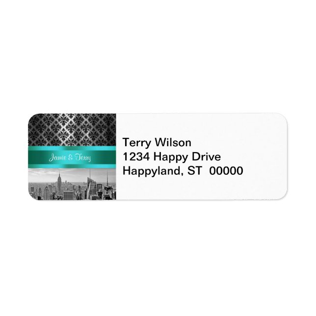 NY City Skyline BW B3 Damask Return Address Label (Front)