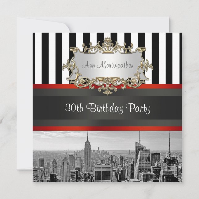 NY City Skyline BW Black White Stripe Birthday Invitation (Front)