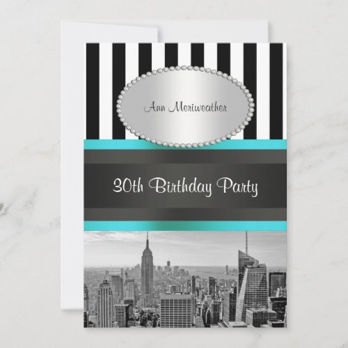 NY City Skyline BW Blk Wht Strp Teal Birthday Invitation