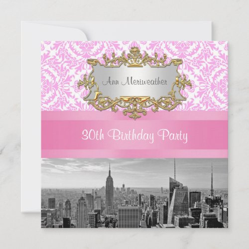 NY City Skyline BW D4P Pink Damask Birthday Party Invitation