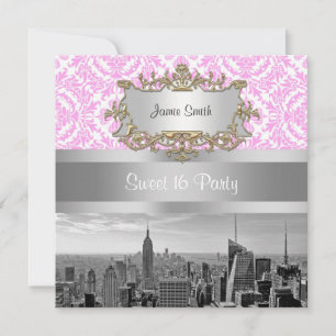 NY City Skyline BW D4P Pink White Damask Invitation