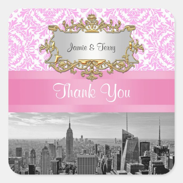 NY City Skyline BW D4P Pink White Damask Thank You Square Sticker (Front)