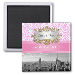 NY City Skyline D4P Pink Damask Save the Date Magnet