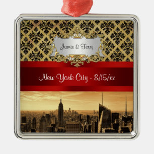 NY City Skyline Sepia B4 Damask Ornament