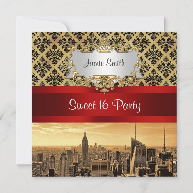 NY City Skyline Sepia B4 Damask Sweet 16 Invite (Front)