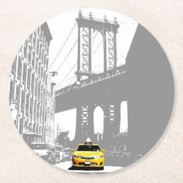 Ny Nyc New York City Brooklyn Bridge Yellow Taxi Round Paper Coaster