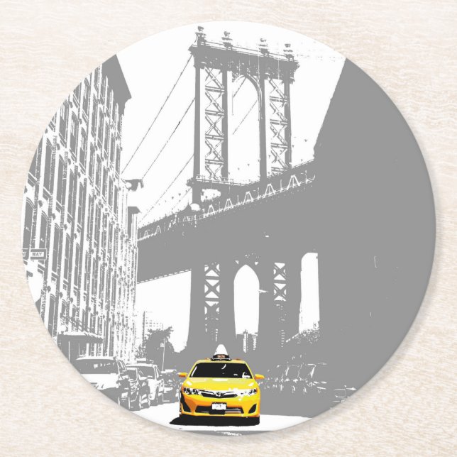 Ny Nyc New York City Brooklyn Bridge Yellow Taxi Round Paper Coaster (Front)
