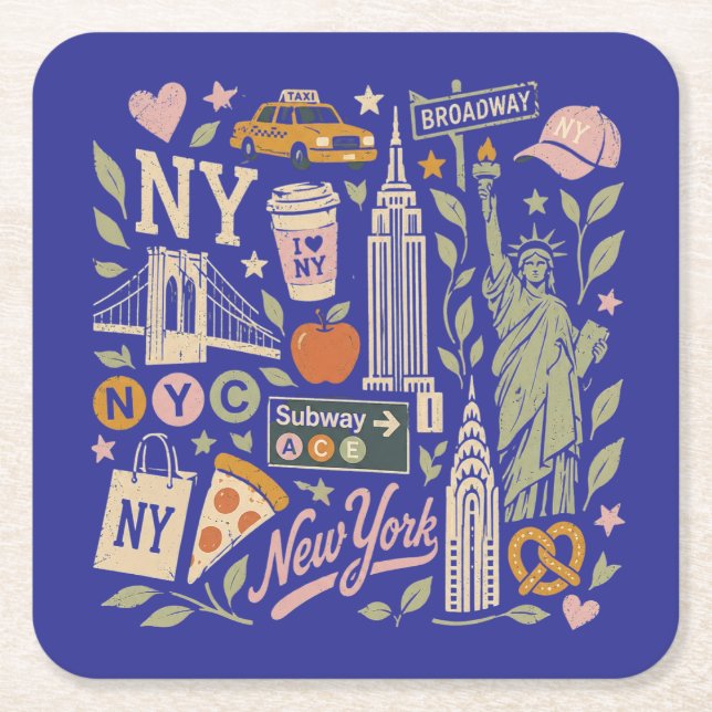 ny retro collage design square paper coaster (Front)