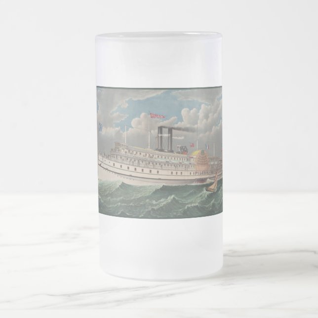 NY Voyage Grand Paddlewheel Steamboat The Pilgrim  Frosted Glass Beer Mug (Center)