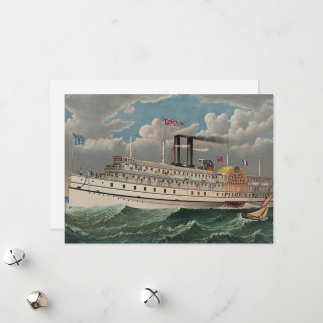 NY Voyage Grand Paddlewheel Steamboat The Pilgrim  Holiday Card (Front/Back In Situ)