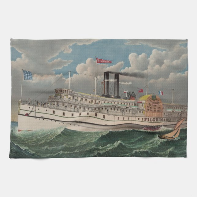NY Voyage Grand Paddlewheel Steamboat The Pilgrim  Kitchen Towel (Horizontal)