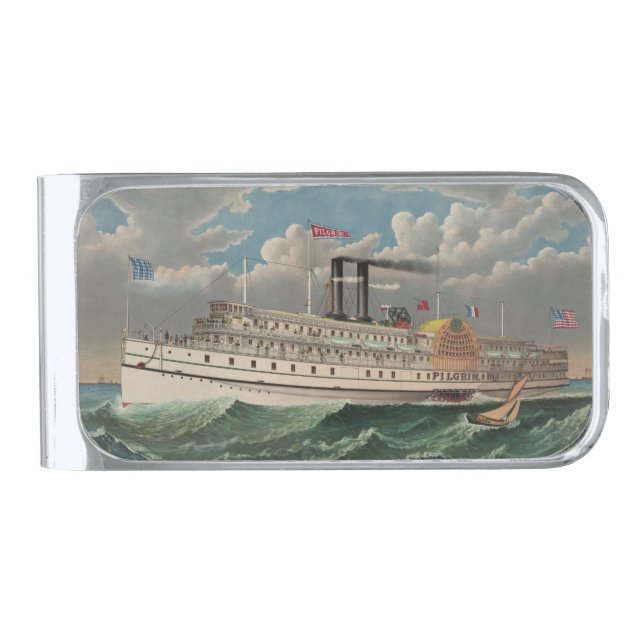 NY Voyage Grand Paddlewheel Steamboat The Pilgrim  Silver Finish Money Clip (Front)