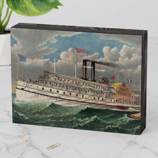 NY Voyage Grand Paddlewheel Steamboat The Pilgrim  Wooden Box Sign (In Situ Horizontal)