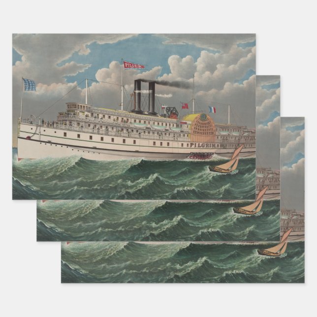 NY Voyage Grand Paddlewheel Steamboat The Pilgrim  Wrapping Paper Sheets (Set)