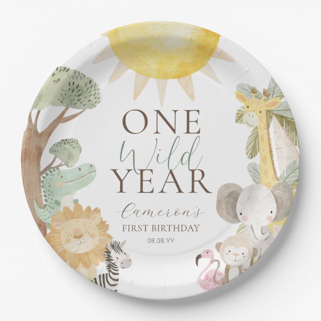 Nyala Safari Animals One Wild Year First Birthday Paper Plates (Front)