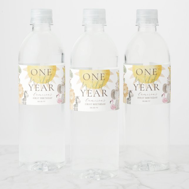 Nyala Safari Animals One Wild Year First Birthday Water Bottle Label (Bottles)