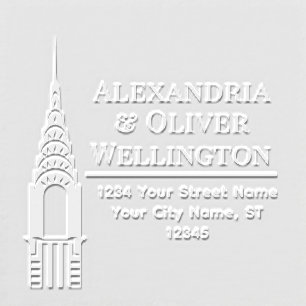 NYC Art Deco Skyline Chrys Bld Couple Name Address Embosser