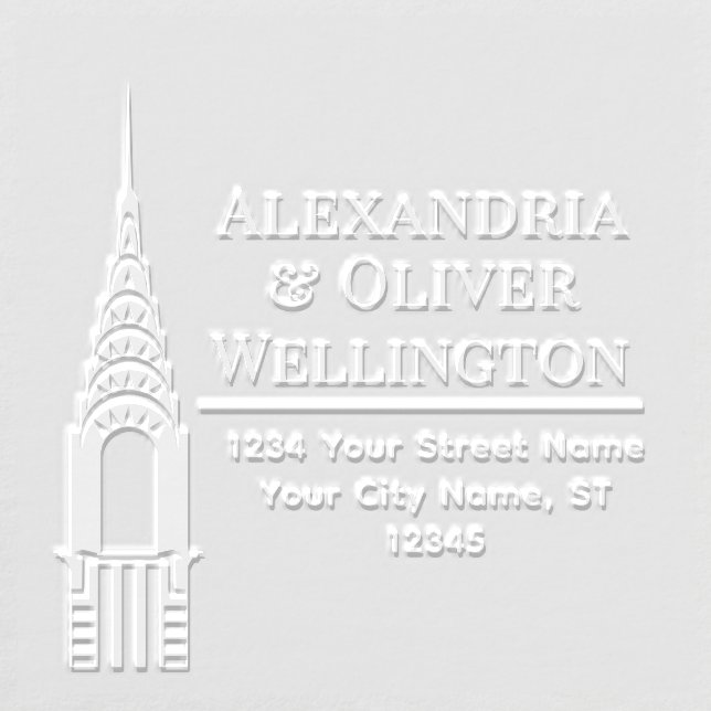 NYC Art Deco Skyline Chrys Bld Couple Name Address Embosser (Design)