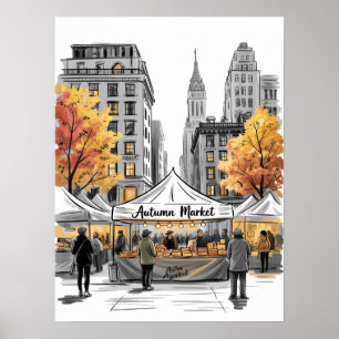 NYC Autumn Market Street Scene With Fall Trees Poster