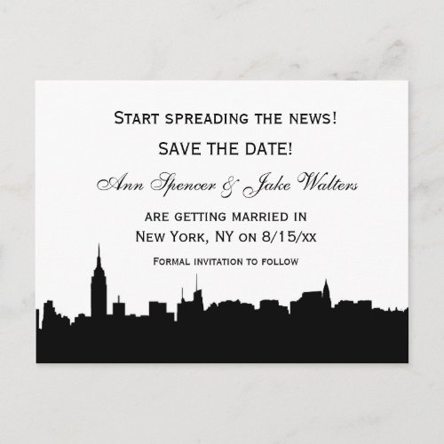 NYC Black Wide Skyline Silhouette 2 Save the Date Announcement Postcard